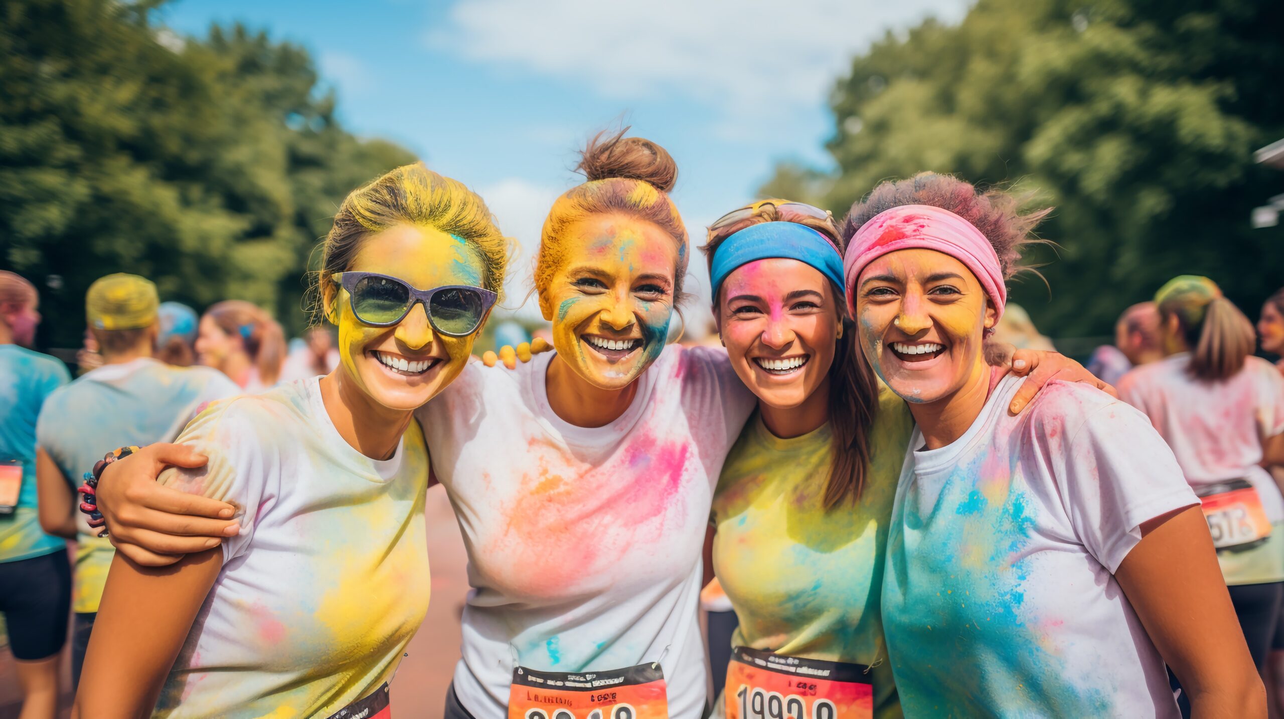 Group of happy color painted women in color run event, cheerful expressions, concept of sport event celebration.